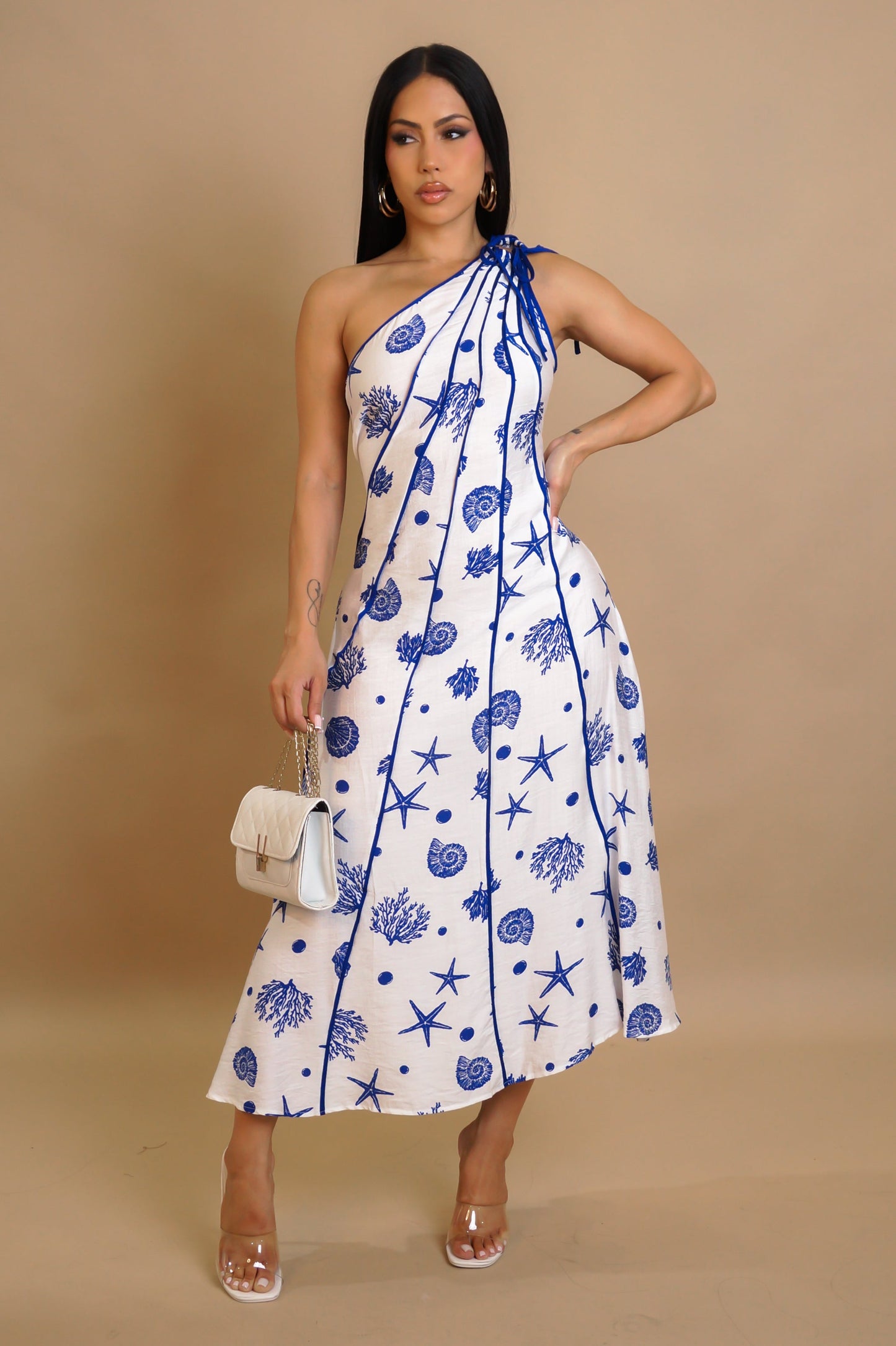 Coral Reef Off Shoulder Midi Dress- Blue