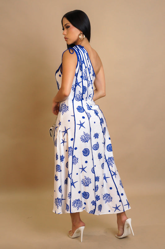 Coral Reef Off Shoulder Midi Dress- Blue