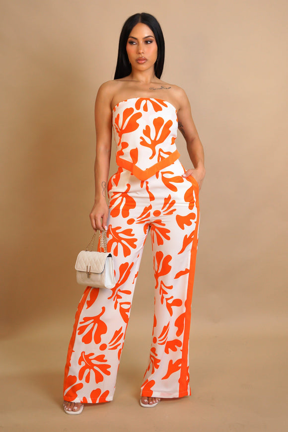 Flower Print Handkerchief Hem Tube Top & Pants Set- Orange