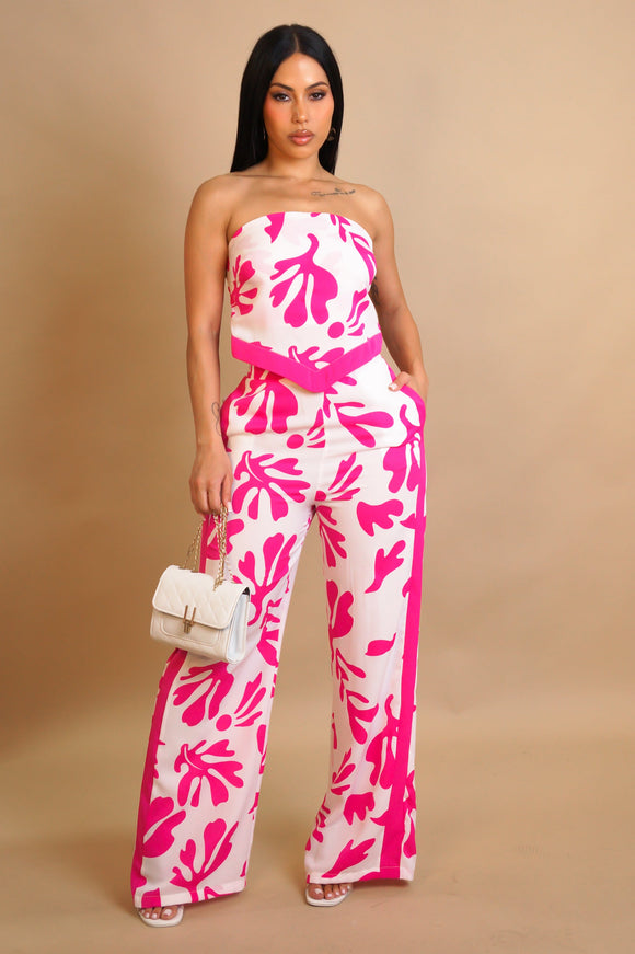 Flower Print Handkerchief Hem Tube Top & Pants Set- Pink