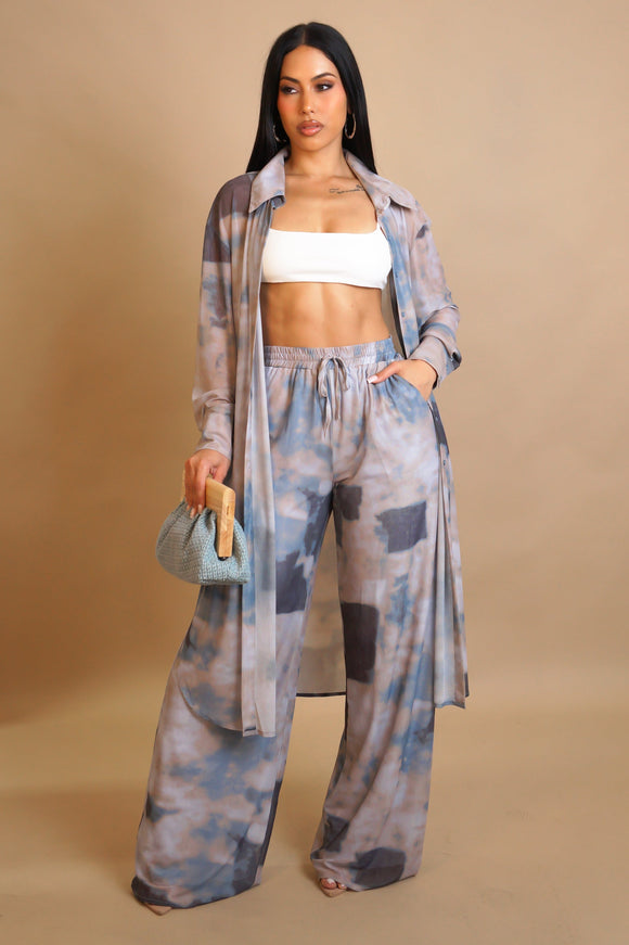 Long Sleeve Buttoned Cardigan Top & Long Pants Set- Lilac/Blue