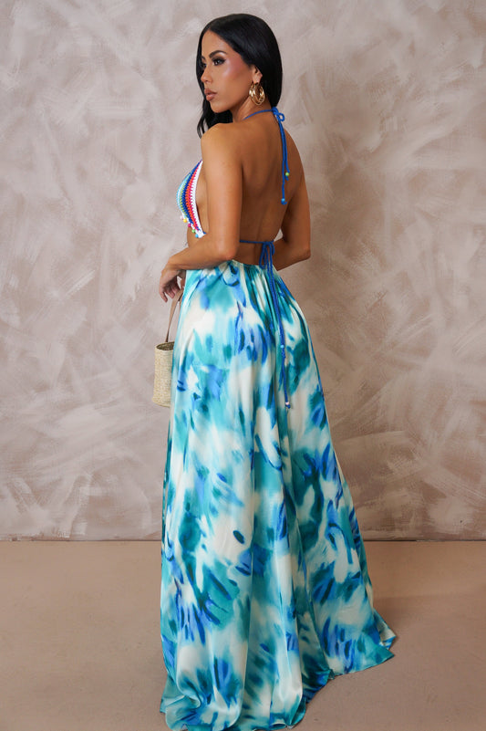 Crochet & Tie Dye Mix Maxi Dress-Blue