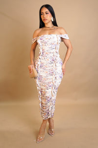 Violet Floral Ruched Off Shoulder Midi Dress