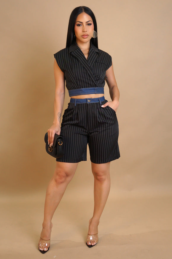 Denim & Stripes Shorts Set