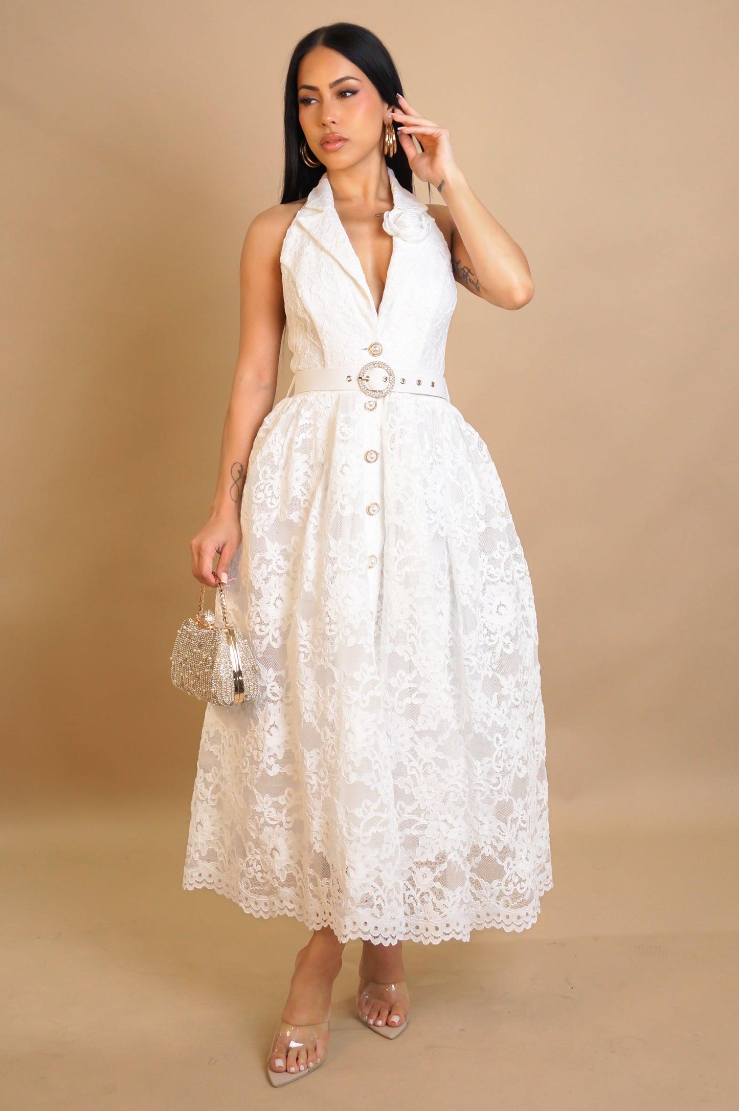 Lace Halter Fairy White Midi Dress