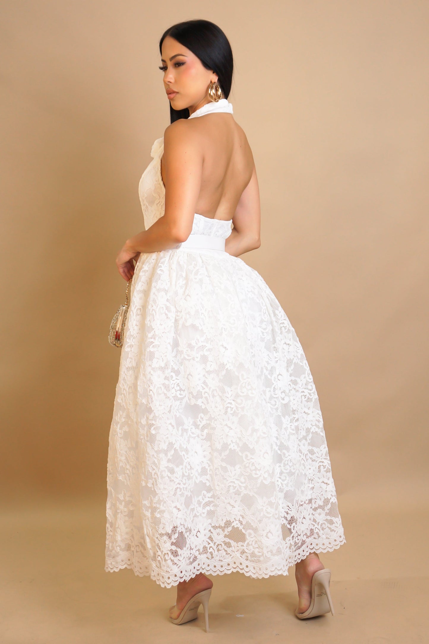 Lace Halter Fairy White Midi Dress