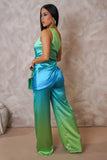 Ombre Satin Pants & Ringed Top Set- Blue/Green