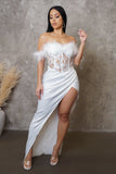 Corset Mesh Furry Top Slit Long Satin Dress- White