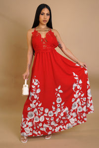 Flower Art on Red Maxi Dress