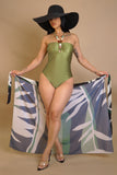 Stone Pearled Swimsuit & Bottom Coverup Set- Green