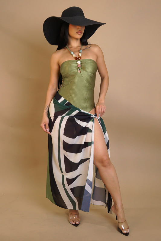 Stone Pearled Swimsuit & Bottom Coverup Set- Green