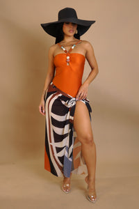 Stone Pearled Swimsuit & Bottom Coverup Set- Orange