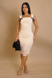 Bows & Ruched Midi Dress- Beige