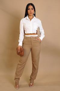 Khaki & White Contrast Pants & Buckled Blouse Set