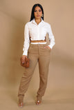 Khaki & White Contrast Pants & Buckled Blouse Set