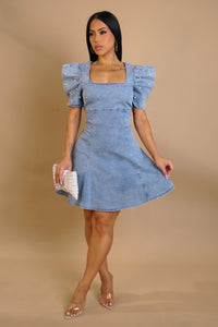Denim Flare Dress With Pearl Embellished Sleeves