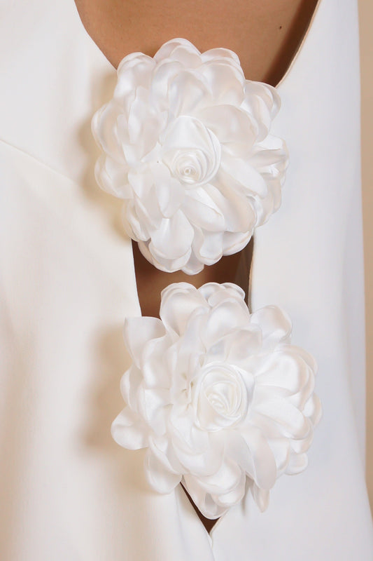 3D Rose Sided Simple Mini Dress- White