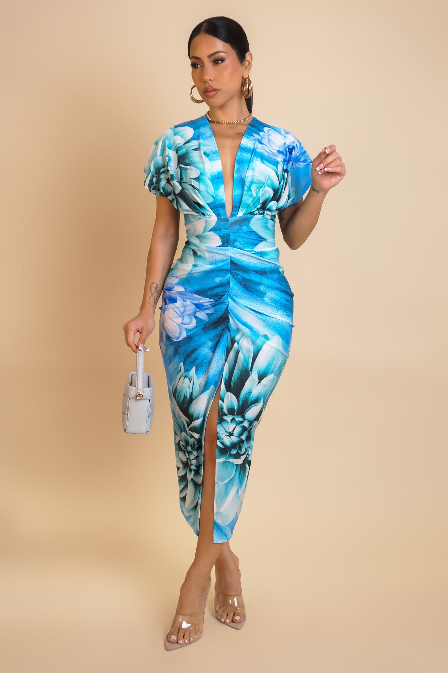 Ocean Blue Front Slit Midi Dress