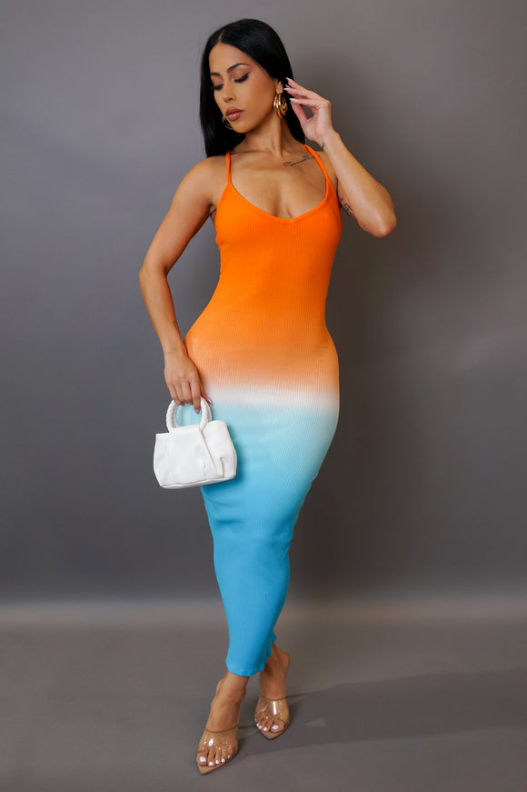 Orange/Blue/White Ribbed Midi Dress