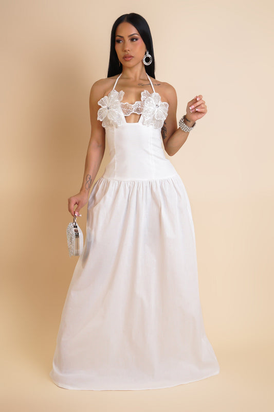 Rhinestoned 3D Rose Halter Neck Maxi White Dress