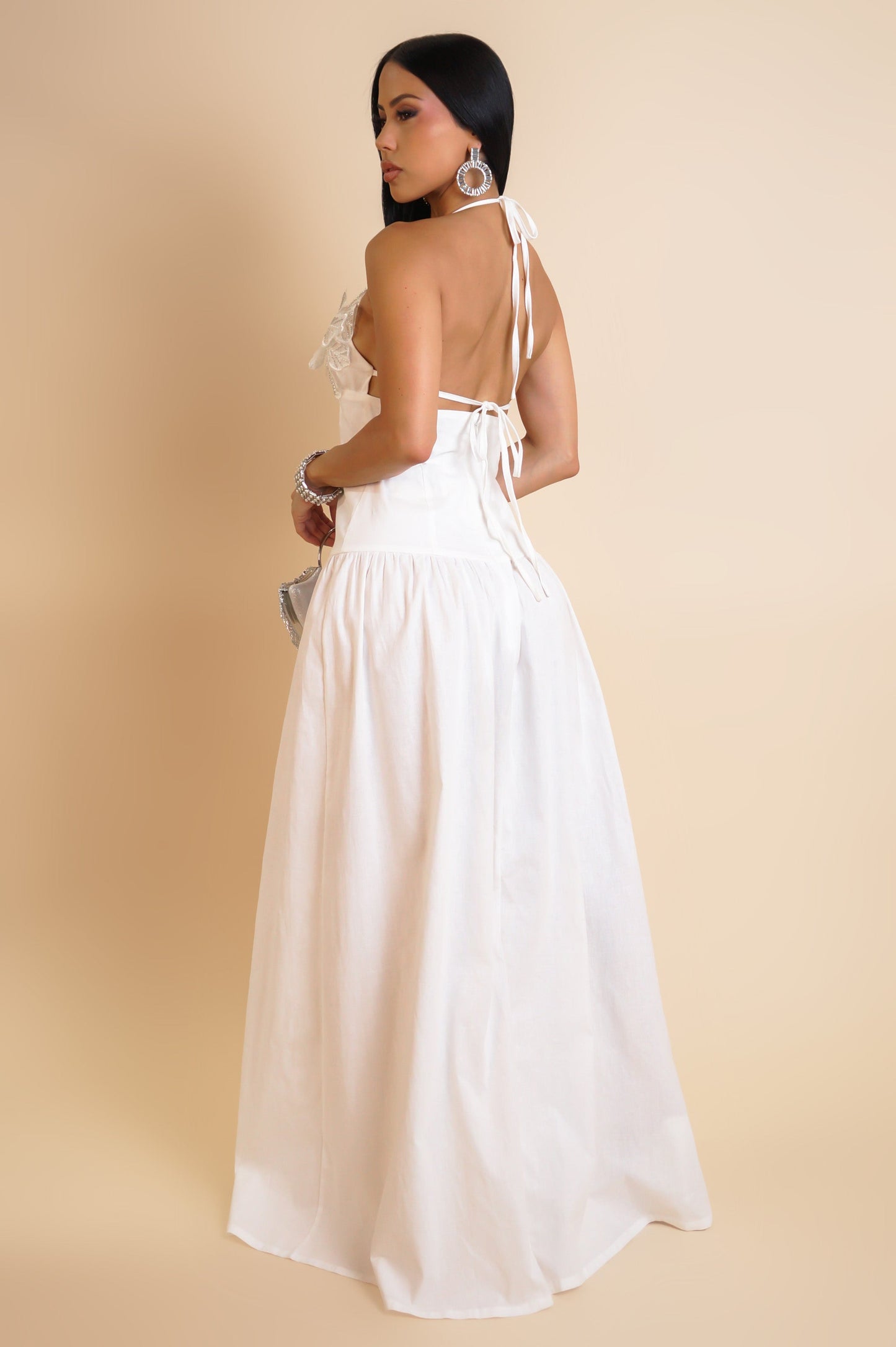 Rhinestoned 3D Rose Halter Neck Maxi White Dress