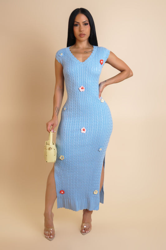 Flower Petal Embroidered Midi Dress- Blue