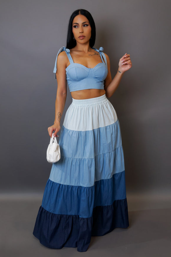 Multi-Blue Maxi Skirt & Cropped Top Set