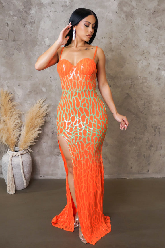 Orange Icy Hot Slit Maxi Dress