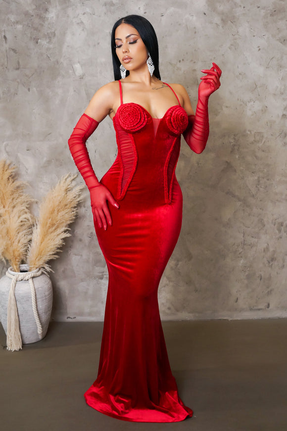Velvet Braided Rope Mermaid Dress- Red