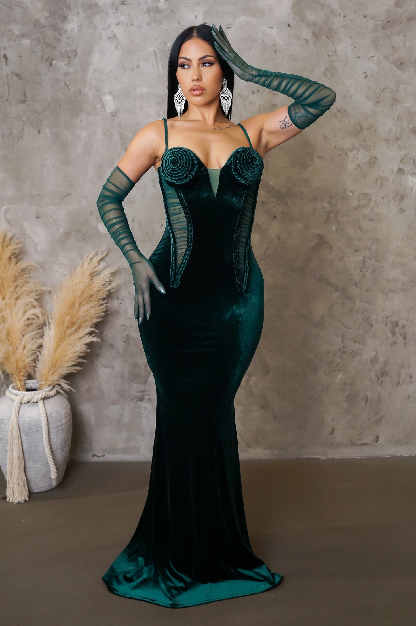 Velvet Braided Rope Mermaid Dress- Hunter Green
