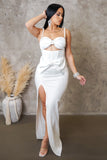 Pearled Strapped White Slit Maxi Dress