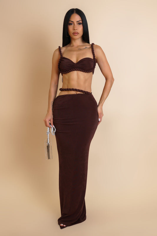 Tame that Rope Maxi Skirt & Bra Top Set-Brown