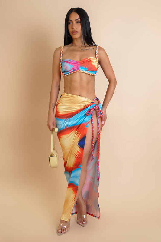 Multicolored Roped Up Swimwear Skirt Coverup Set