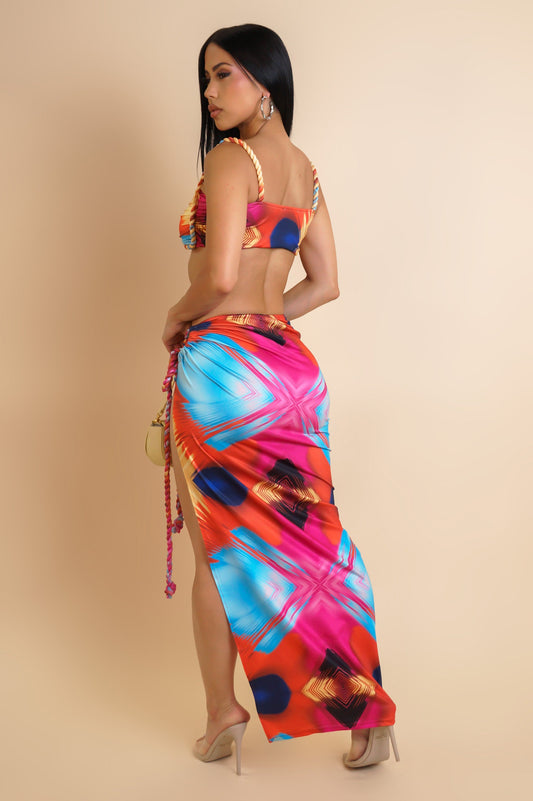 Multicolored Roped Up Swimwear Skirt Coverup Set
