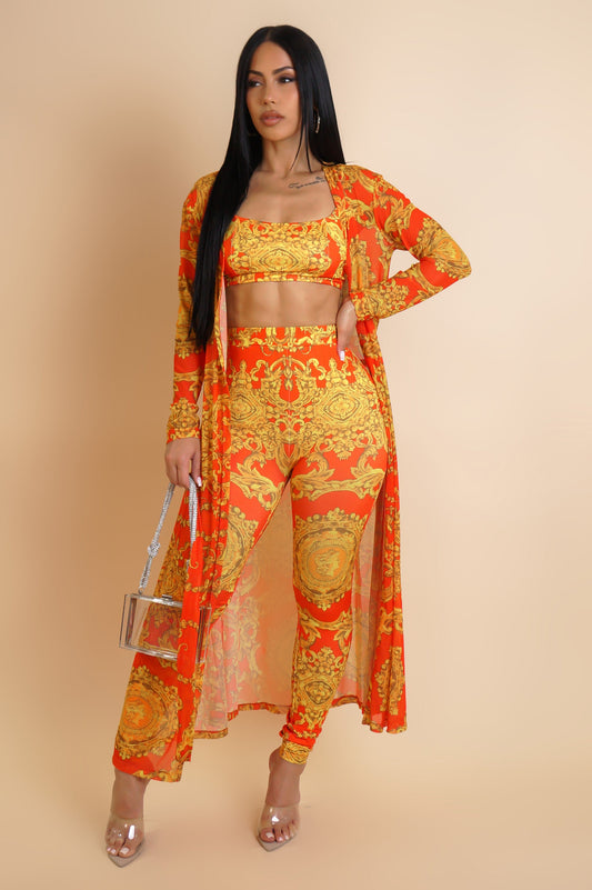 Flirt Alert Leggings, Cropped Top, & Cardigan 3-Piece Set- Orange