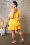 Yellow Tiered One Shoulder Flare Mini Dress
