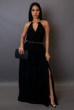 Pleated Slit Black Halter Neck Maxi Dress With Chain