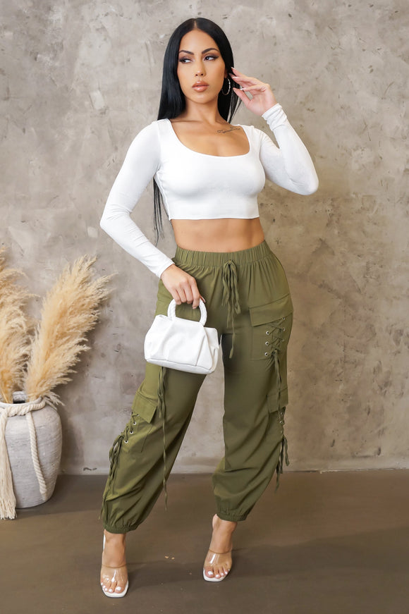 Olive Laced Up Draw String Joggers