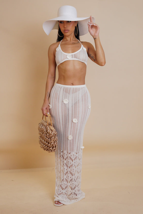 Your Muse 3D Flower White Crochet Skirt Set/Swimwear Set