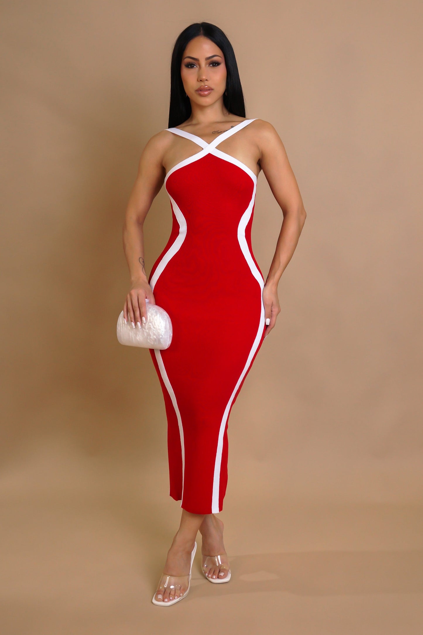 White Contrast Midi Dress- Red