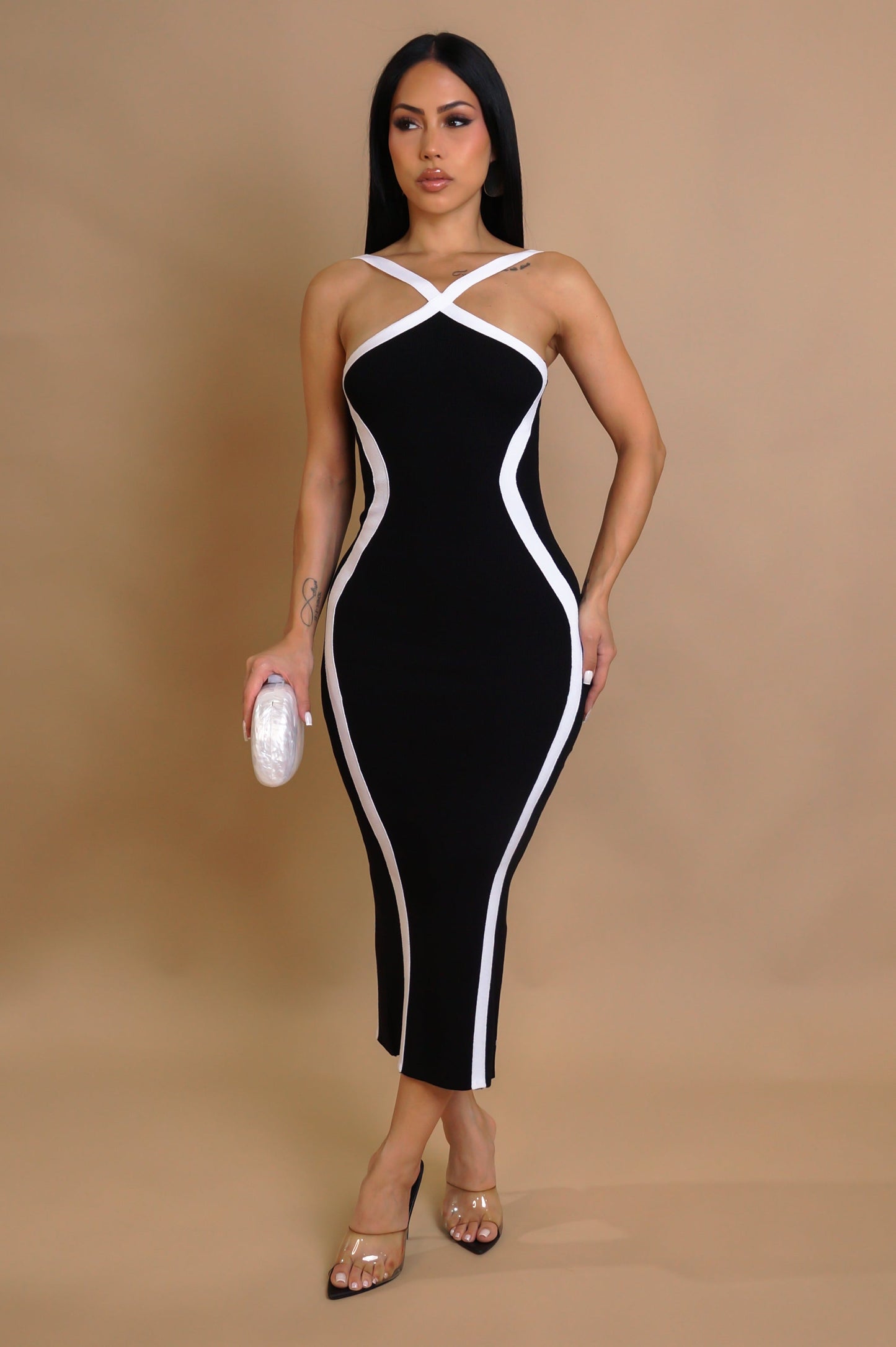 White Contrast Midi Dress- Black