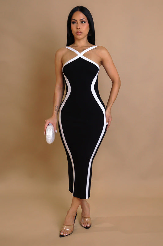 White Contrast Midi Dress- Black
