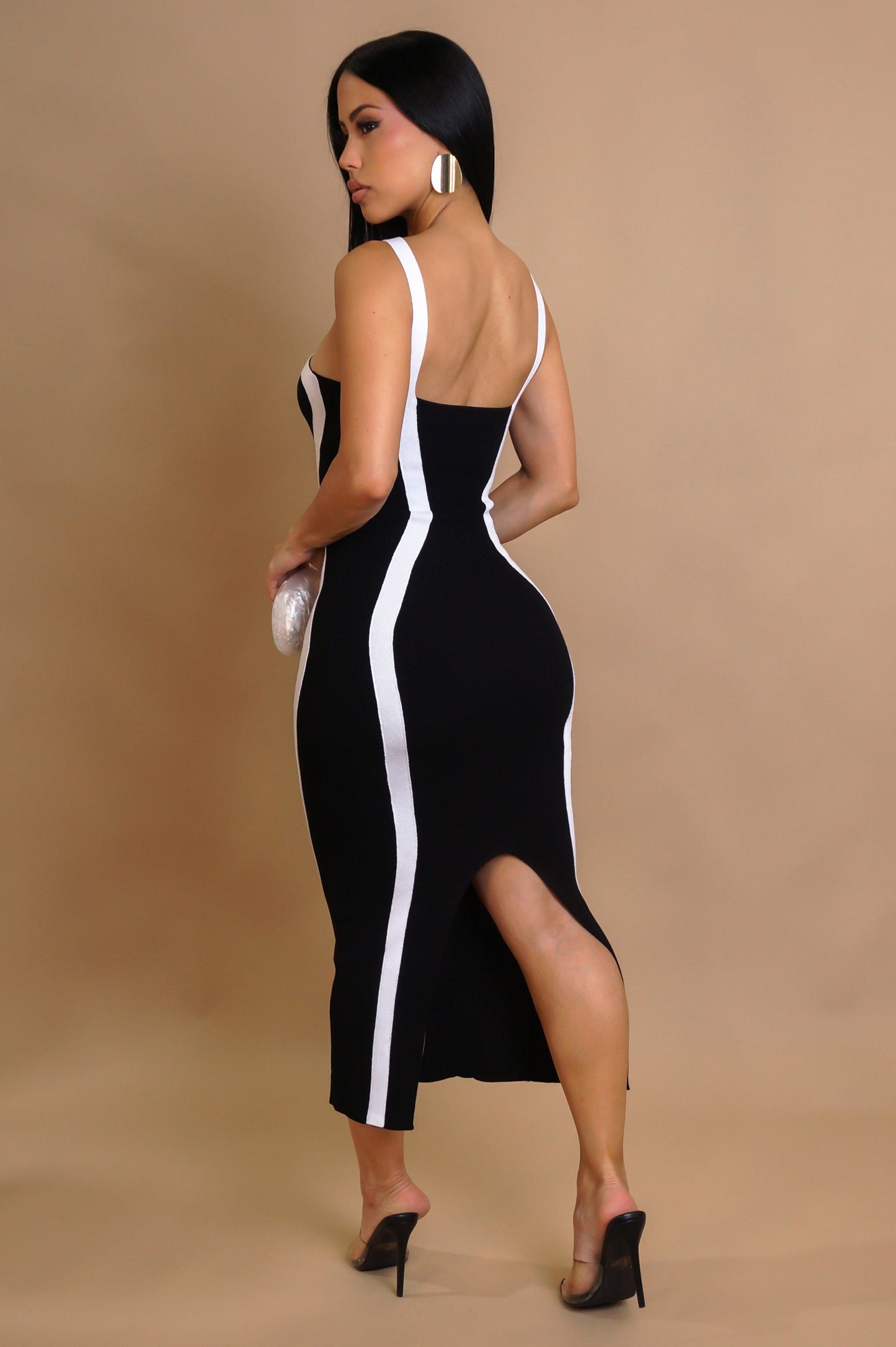 White Contrast Midi Dress- Black