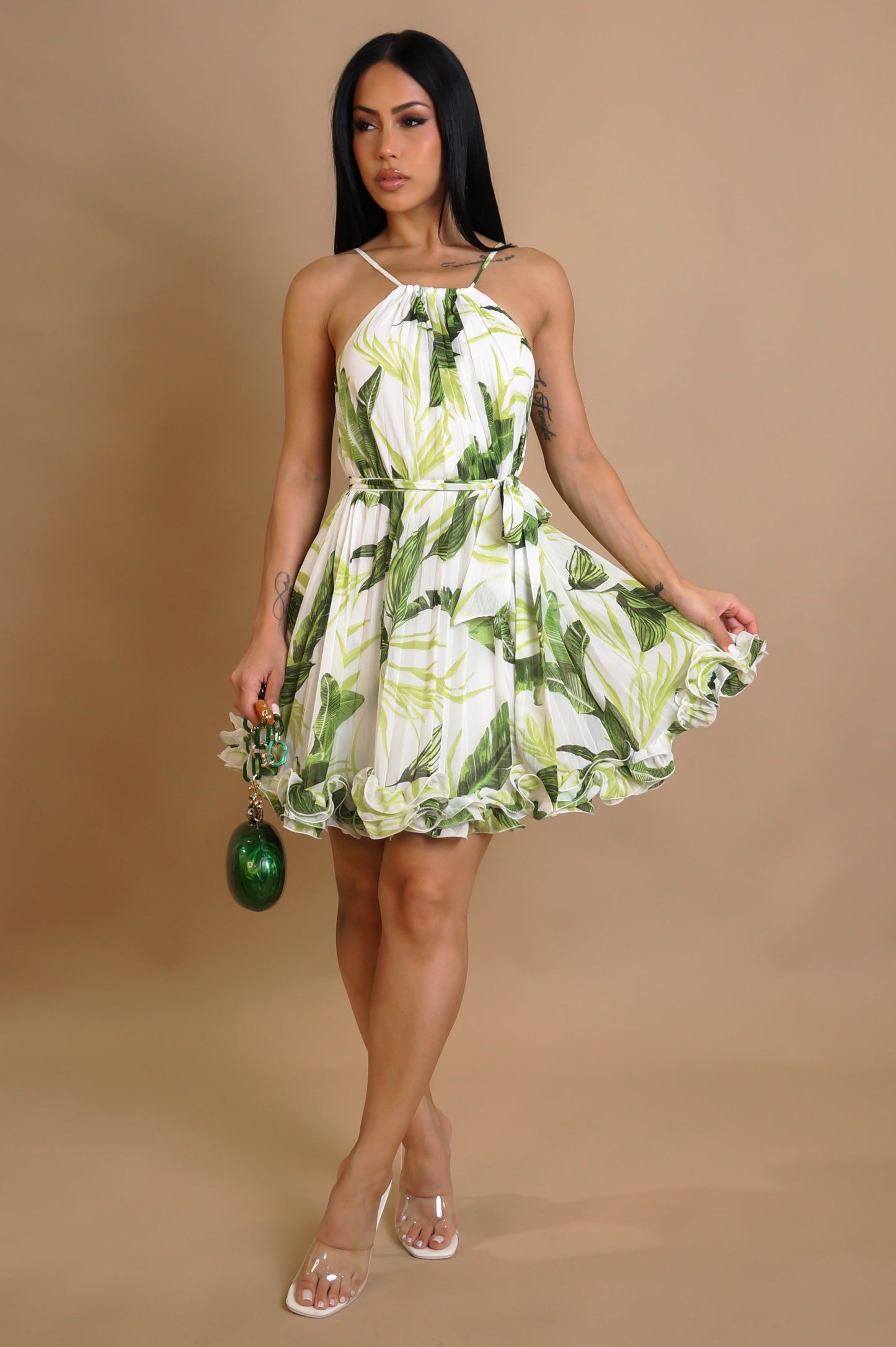 Malibu Pleated Ruffled Flare Mini Dress