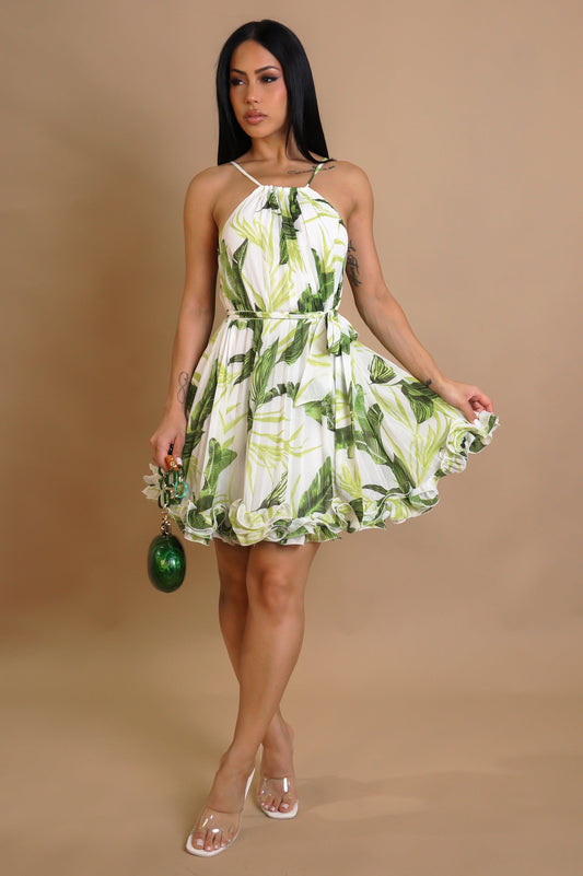 Malibu Pleated Ruffled Flare Mini Dress