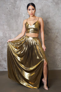 Luxury Gold Metallic Pleated Slit Maxi Skirt & Top Set