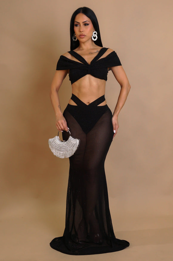 Mesh Glitter Resort Wear Beach Summer Black Skirt Set