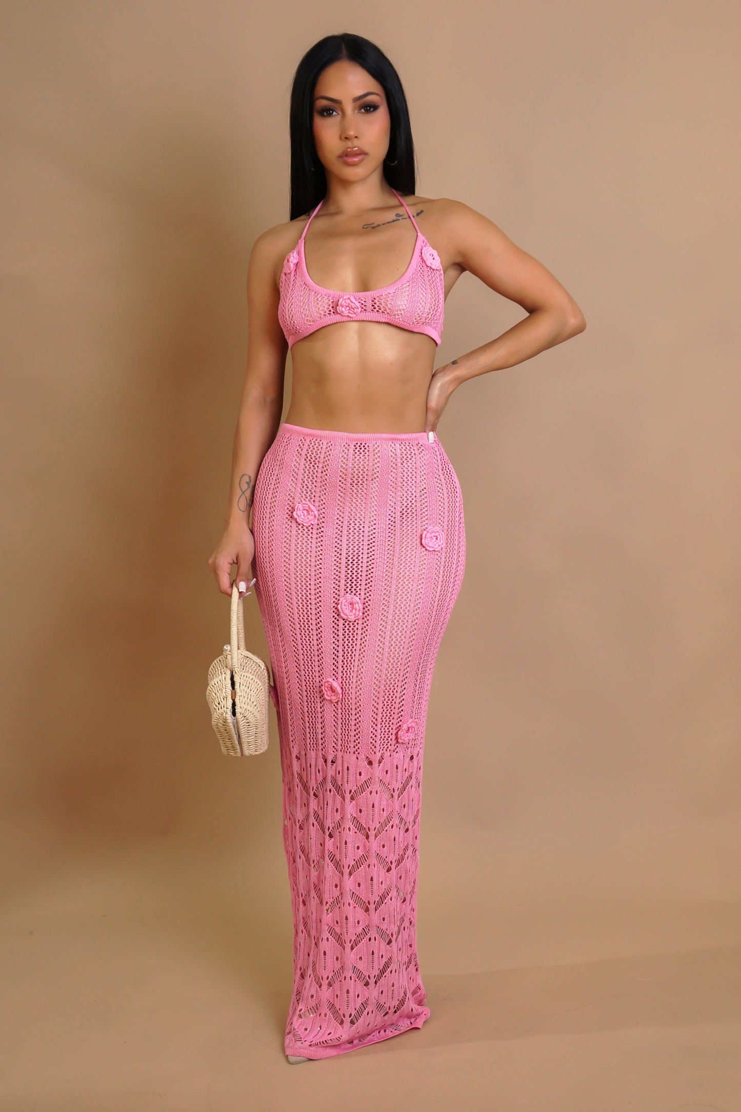 Your Muse 3D Flower Pink Crochet Skirt Set/Swimwear Set