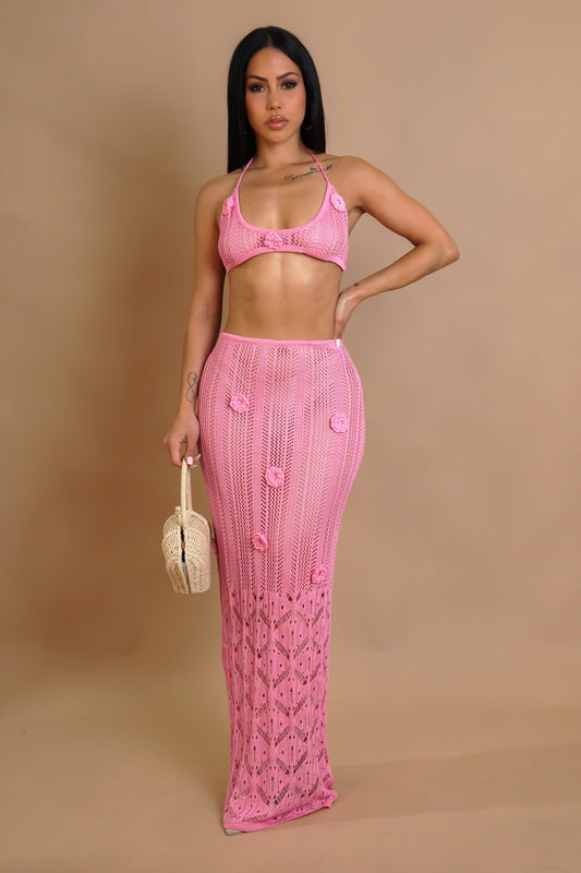 Your Muse 3D Flower Pink Crochet Skirt Set/Swimwear Set