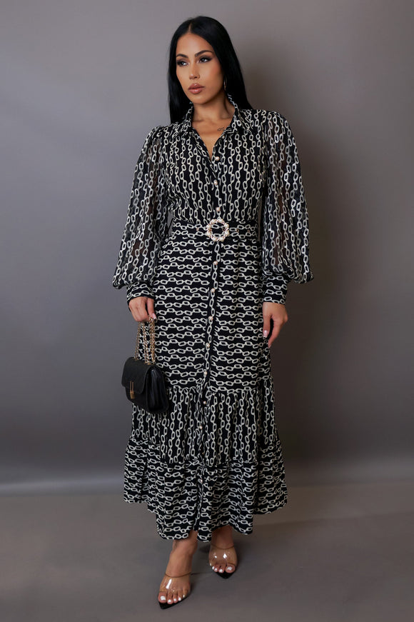 Chain Printed Black Long Sleeve Midi Dress W/ Belt